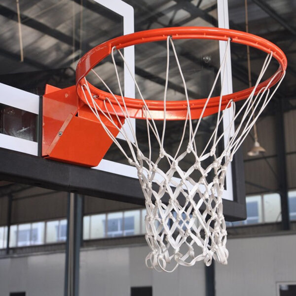 39661-4 | National Sports Products Close-up of an orange basketball hoop with white net attached to a backboard in an indoor gym.