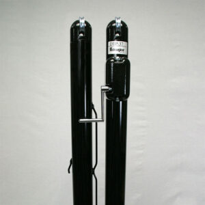 63008 | National Sports Products Two tall black pneumatic cylinders with a metal linkage between them against a light gray background on a stand.
