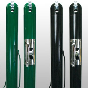 Four vertical cylindrical posts (two green, two black) with chrome latch mechanisms and a hanging cable visible on each.
