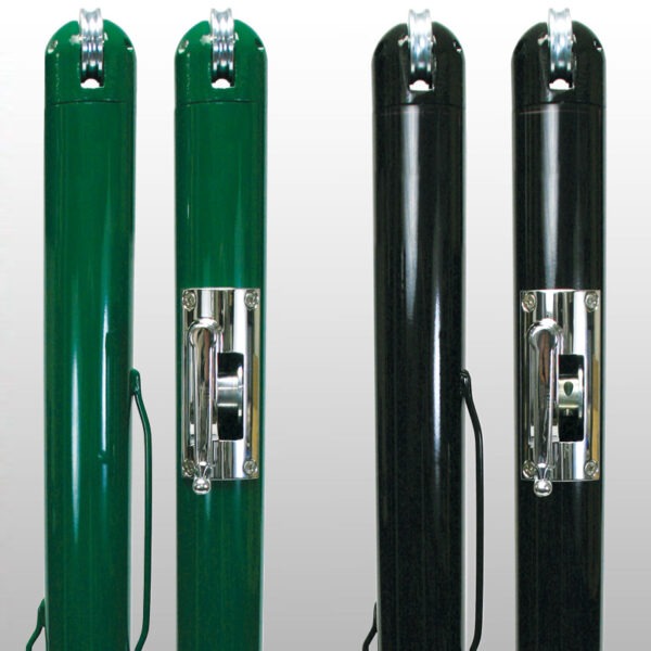 63050Z | National Sports Products Four vertical cylindrical posts (two green, two black) with chrome latch mechanisms and a hanging cable visible on each.