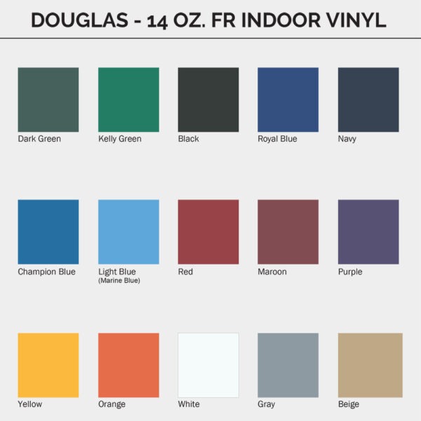 Vinyl-FR-14-Colors | National Sports Products Douglas 14 oz FR indoor vinyl color swatches displayed in a grid: from Dark Green to Beige (15 colors).